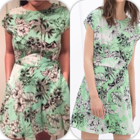 Zara basic green floral dress size small palm - Picture 2 of 8